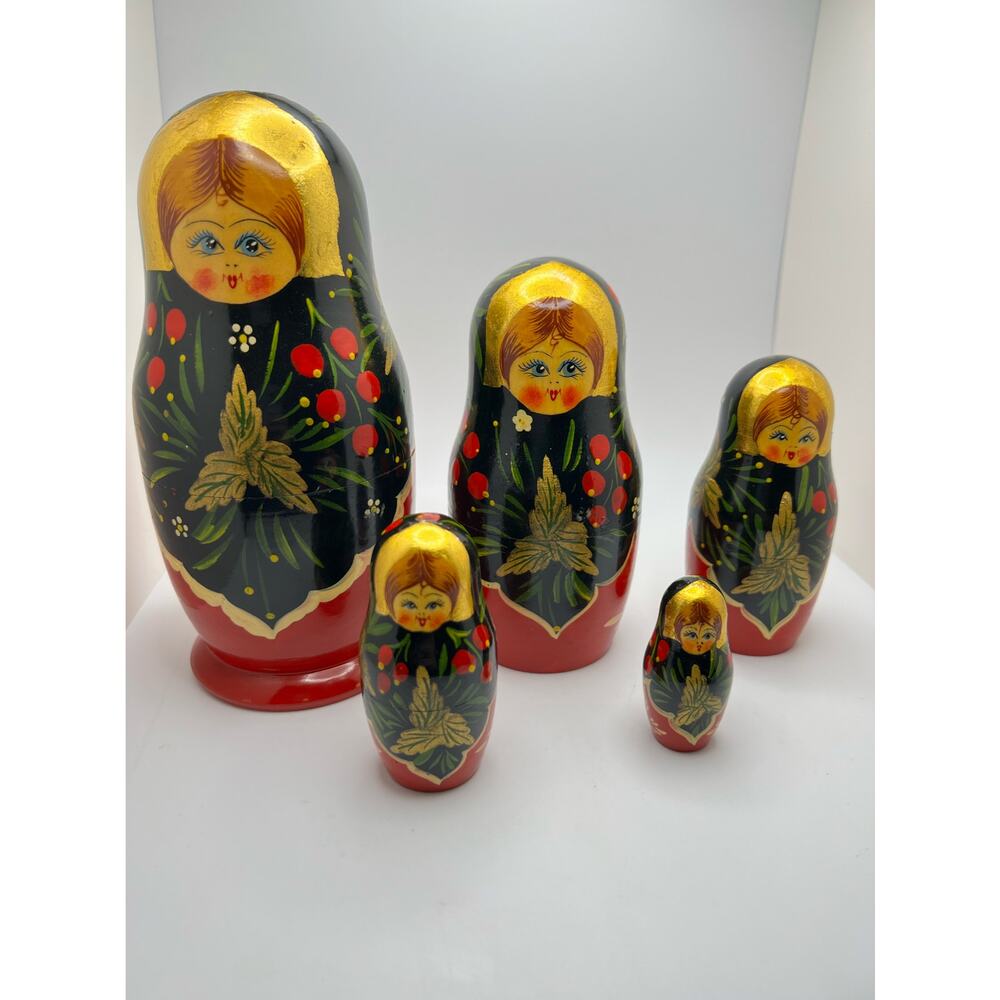 Vintage Gold Handpainted Nesting Dolls- Mystryoshka wooden dolls